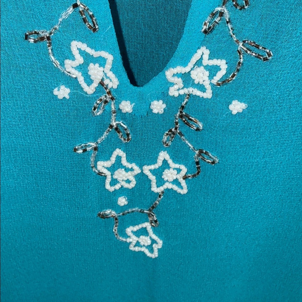 Turquoise semi sheer beaded embellished asymmetrical swim cover/ tunic Y2K M - Picture 5 of 13
